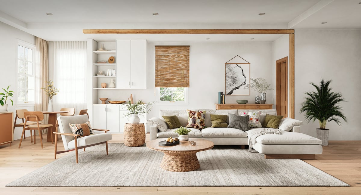 Bright modern Scandinavian living room interior with natural wood furniture and neutral palette